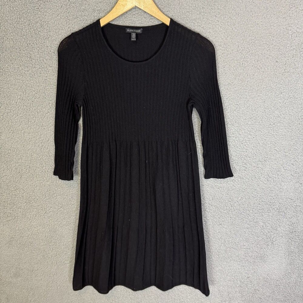 Eileen Fisher Dress Womens XXS Black Wool Accordion Pleated 3/4 Sleeve Pullover